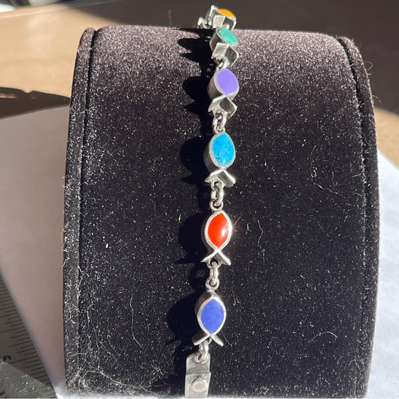 Colorful Vintage Taxco Gemstone 925 Silver Fish-shaped Bezel set Chain Bracelet - Picture 4 of 11